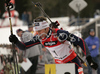 Vincent Defrasne of France leaving shooting place after he covered all 5 targets in third shooting in men mass start race on Pokljuka, Slovenia. IBU Biathlon World Cup sprint race was held on Pokljuka, Slovenia on 21th of January 2007.
