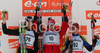 Winner Emil Hegle Svendsen of Norway (M), second placed Alexander Wolf of Germany (L), and third placed Serguei Sednev of Ukrain (R), celebrating their medals won in men individual race of e.on Ruhrgas IBU Biathlon World Cup. Men individual race of e.on Ruhrgas IBU Biathlon World Cup was held in Pokljuka, Slovenia, on 13th of December 2007.
