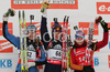 Winner Ekaterina Iourieva of Russia (M), second placed Michela Ponza of Italy (L), and third placed Martina Glagow of Germany (R), celebrating their medals won in women individual race of e.on Ruhrgas IBU Biathlon World Cup. Women individual race of e.on Ruhrgas IBU Biathlon World Cup was held in Pokljuka, Slovenia, on 13th of December 2007.
