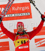 Winner Ole Einar Bjoerndalen of Norway celebrating his victory in men sprint race of e.on Ruhrgas IBU Biathlon World Cup. Men sprint race of e.on Ruhrgas IBU Biathlon World Cup was held in Pokljuka, Slovenia, on 15th of December 2007.
