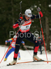 Delphine Peretto of France skiing in women sprint race of e.on Ruhrgas IBU Biathlon World Cup. Women individual race of e.on Ruhrgas IBU Biathlon World Cup was held in Pokljuka, Slovenia, on 13th of December 2007.
