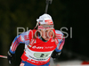 Maxim Tchoudov of Russia skiing in men relay race of e.on Ruhrgas IBU Biathlon World Cup. Men relay race of e.on Ruhrgas IBU Biathlon World Cup was held in Pokljuka, Slovenia, on 16th of December 2007.
