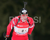 Dominik Landertinger of Austria  skiing in men relay race of e.on Ruhrgas IBU Biathlon World Cup. Men relay race of e.on Ruhrgas IBU Biathlon World Cup was held in Pokljuka, Slovenia, on 16th of December 2007.
