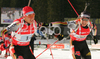 Michael Greis of Germany  (L) starting his skiing, when his teammate Andreas Birnbacher (R) switched to him after his leg in men relay race of e.on Ruhrgas IBU Biathlon World Cup. Men relay race of e.on Ruhrgas IBU Biathlon World Cup was held in Pokljuka, Slovenia, on 16th of December 2007.
