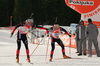 Lois Habert of France  (L) sending into action his teammate Simon Fourcade (R) skiing in men relay race of e.on Ruhrgas IBU Biathlon World Cup. Men relay race of e.on Ruhrgas IBU Biathlon World Cup was held in Pokljuka, Slovenia, on 16th of December 2007.
