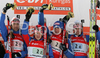 Winning relay of Russia with Andrei Makoveev, Maxim Tchoudov, Dmitri Yaroshenko and Nikolay Kruglov celebrating their medals won in men relay race of e.on Ruhrgas IBU Biathlon World Cup. Men relay race of e.on Ruhrgas IBU Biathlon World Cup was held in Pokljuka, Slovenia, on 16th of December 2007.
