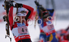 Delphine Peretto of France leaving shooting place in women relay race of e.on Ruhrgas IBU Biathlon World Cup. Women relay race of e.on Ruhrgas IBU Biathlon World Cup was held in Pokljuka, Slovenia, on 16th of December 2007.
