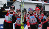 Winning team of Germany with Sabrina Buchholz (L), Magdalena Neuner (2nd from L), Martina Glagow (2nd from R) and Andrea Henkel (R) celebrating after winning in women relay race of e.on Ruhrgas IBU Biathlon World Cup. Women relay race of e.on Ruhrgas IBU Biathlon World Cup was held in Pokljuka, Slovenia, on 16th of December 2007.
