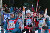 Third placed team of France with Sylvie Becaert (L), Delphine Peretto (2nd from L), Sandrine Bailly (2nd from R) and Marie Laure Brunet (R) celebrating after their third place in women relay race of e.on Ruhrgas IBU Biathlon World Cup. Women relay race of e.on Ruhrgas IBU Biathlon World Cup was held in Pokljuka, Slovenia, on 16th of December 2007.
