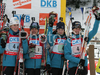 Third placed team of France with Delphine Peretto, Marie Laure Brunet, Sylvie Becaert, and Sandrine Bailly celebrating their medals won in women relay race of e.on Ruhrgas IBU Biathlon World Cup. Women relay race of e.on Ruhrgas IBU Biathlon World Cup was held in Pokljuka, Slovenia, on 16th of December 2007.
