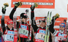 Winning relay of Germany with Martina Glagow, Sabrina Buchholz, Magdalena Neuner, and Andrea Henkel celebrating their medals won in women relay race of e.on Ruhrgas IBU Biathlon World Cup. Women relay race of e.on Ruhrgas IBU Biathlon World Cup was held in Pokljuka, Slovenia, on 16th of December 2007.
