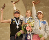Winner Maja Vidmar of Slovenia (M), second placed Angela Eiter of Austria (L) and third placed Natalija Gros of Slovenia (R) celebrating their medals won on UIAA Climbing World Cup, which was held in Kranj, Slovenia on 19th of November 2006. First 8 from each category from yesterdays half finals, qualified for finals of last UIAA Climbing World Cup 2006 competition.
