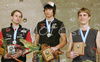 Winner David Lama of Austria (M), second placed Cedric Lachat of Switzerland (L) and third placed Jorg Verhoeven of Netherland (R) celebrating their medals won on UIAA Climbing World Cup, which was held in Kranj, Slovenia on 19th of November 2006. First 8 from each category from yesterdays half finals, qualified for finals of last UIAA Climbing World Cup 2006 competition.
