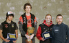 Overall World cup winners, winner Patxi Usobiaga of Spain (M), second placed David Lama of Austria (L) and third placed  Tomas Mrazek of Czech (2nd from R)  and Flavio Crespi of Italy (R) celebrating their success after end of  UIAA Climbing World Cup, which was held in Kranj, Slovenia on 19th of November 2006. First 8 from each category from yesterdays half finals, qualified for finals of last UIAA Climbing World Cup 2006 competition.
