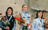 Winner Maja Vidmar of Slovenia (M), second placed Irati Anda Villanueva of Spain (L) and third placed Lucka Franko of Slovenia (R) celebrating their medals after women finals of last IFSC Sport Climbing World cup of 2007 season. Final race of IFSC Sport Climbing World Cup of 2007 season was held in Kranj, Slovenia on 18th of November 2007.
