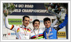 Second placed Eric Zabel of Germany (L), winner Oscar Freire of Spain (M) and third placed Luca Paolini of Italy (R) are celebrating their medals in Elite Men WC road race in Verona, Italy
