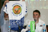 Sports director of KK Sava Kranj Miran Kavas (L) presenting jersey with Tadej Valjavec fan club logo and Tadej Valjavec of Team Lampre Fondital (R) during introduction of Cycling team Sava Kranj 2006 which was held in Golf Hotel in Bled, Slovenia.
