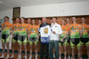 Introduction of Cycling team Sava Kranj 2006 which was held in Golf Hotel in Bled, Slovenia. First line (L to R): Marko Hlebanja, Vlado Kerkez, Bostjan Rezman, Valter Bonca, Franc Hvasti, Tadej Valjavec, Tomi Jerse, Grega Bole . Behind (L to R): Kristjan Koren, Nik Burjek, Ivan Sever, Dejan Bajt, Gasper Svab.

