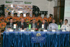 Press conference at introduction of Cycling team Sava Kranj 2006 which was held in Golf Hotel in Bled, Slovenia. From left to right: speaker Robert Celestina, Janez Bohoric, Vinko Percic, Franc Hvasti, Miran Kavas and Tadej Valjavec. Introduction of cycling team Sava Kranj 2006 at Golf Hotel, Bled, Slovenija. At same time introduction of Tadej Valjavec fan club took place.
