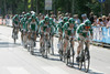 Cyclists of Credit Agricole competing during stage 5 of 89th Giro d Italia. Stage 5 was leading cyclists from Piacenza to Cremona, Italy. Stage 5 in lenght of 38 km was first team time trial on Giro d Italia since 1987.
