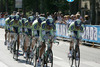 Cyclists of Liquigas competing during stage 5 of 89th Giro d Italia. Stage 5 was leading cyclists from Piacenza to Cremona, Italy. Stage 5 in lenght of 38 km was first team time trial on Giro d Italia since 1987.
