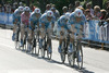 Gerolsteiner team with pink jersey, Stefan Schumacher of Germany (second from back) competing during stage 5 of 89th Giro d Italia. Stage 5 was leading cyclists from Piacenza to Cremona, Italy. Stage 5 in lenght of 38 km was first team time trial on Giro d Italia since 1987.

