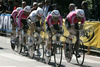 Cyclists of T-Mobile Team competing during stage 5 of 89th Giro d Italia. Stage 5 was leading cyclists from Piacenza to Cremona, Italy. Stage 5 in lenght of 38 km was first team time trial on Giro d Italia since 1987.
