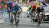 Finish sprint at Gemona del Friuli. First place took Stefan Schumacher of Gerolsteiner (M), second place went to Marzio Bruseghin of Lampre Fondital (L), while third place went to Jose Gutierrez Pallacios of Caisse D Epargne Illes Balears (R). Stage from Sillian, Austria to Gemona del Friuli, Italy was 207 km long.

