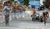 Finish sprint at Gemona del Friuli. First place took Stefan Schumacher of Gerolsteiner (L), second place went to Marzio Bruseghin of Lampre Fondital (behind Schumacher), while third place went to Jose Gutierrez Pallacios of Caisse D Epargne Illes Balears (R). Stage from Sillian, Austria to Gemona del Friuli, Italy was 207 km long.
