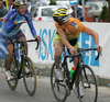Jure Kocjan of Radenska Powerbar (L) requesting slow down to Grega Bole of Sava Kranj (R) during 39th Grand Prix Kranj - Filip Majcen Memorial 2006 which counted as UCI category 1.2 race. 39th Grand Prix Kranj was held in Kranj, Slovenia on Saturday,  3. June 2006. Race was 173km long and average speed on the end was 41.96 km/h.
