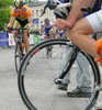 Cyclists of elite category are competing during criterium road cycling race Around city of Kranj 2006 which was held in Kranj, Slovenia on 4th of June 2006.

