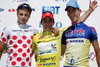 Matej Gnezda of Radenska Powerbar, Slovenia (L) in polka dot jersey as the best cyclist in general mountain primes classification, Borut Bozic of Perutnina Ptuj, Slovenia (M) in yellow jersey as the best cyclist in general classification and Jure Zagar of Adria Mobil, Slovenia (R) in Radler jersey as the best cyclist in Under 23 general classification are celebrating their jerseys after first stage in 13th Tour de Slovenie 2006 (13. dirka Po Sloveniji). First stage lead cyclists in lenght of 214km from Lendava, Slovenia to Brezice, Slovenia. 
