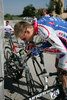 Tomaz Nose of Adria Mobil is checking his bike before start of first stage in 13th Tour de Slovenie 2006 (13. dirka Po Sloveniji). First stage lead cyclists in lenght of 214km from Lendava, Slovenia to Brezice, Slovenia.
