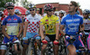 Jure Zagar of Slovenia and Adria Mobil (L) in Radler jersey as best in general U23 classification, Matej Gnezda of Slovenia and Radenska Powerbar (2nd from L) in polka dot jersey as best in general classification for mountain prime classification, Borut Bozic of Slovenia and Perutnina Ptuj (2nd from R) in yellow jersey as leader in general classification and Gorazd Stangelj of Slovenia and Team Lampre Fondital (R) in blue jersey as best in points classification at start of second stage of 13th Tour de Slovenie 2006 (13. dirka Po Sloveniji). Stage 2 in lenght of 183km lead cyclists from Medvode, Slovenia to Sveta Gora near Nova Gorica, Slovenia.
