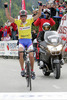 Winner Tomaz Nose of Adria Mobil crossing finish line at Vrsic, Slovenia (1611m) after winning third stage of 13th Tour de Slovenie 2006 (13. dirka Po Sloveniji). Third stage lead cyclists in lenght of 158km from Nova Gorica, Slovenia to top of Vrsic, Slovenia. Last uphill to Vrsic was also hardest uphill on this years Tour de Slovenia and it usually also decides winner of Tour.
