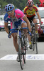 Tadej Valjavec of Team Lampre Fondital <br> crossing finish line at Vrsic, Slovenia (1611m) after placing 8th in third stage of 13th Tour de Slovenie 2006 (13. dirka Po Sloveniji). Third stage lead cyclists in lenght of 158km from Nova Gorica, Slovenia to top of Vrsic, Slovenia. Last uphill to Vrsic was also hardest uphill on this years Tour de Slovenia and it usually also decides winner of Tour.
