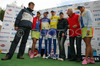 Leader in U23 classification Robert Kiserlovski of Croatia and Adria Mobil (3rd from L) and overall leader Tomaz Nose of Slovenia and Adria Mobil (4th from L) posing for photographers after third stage of 13th Tour de Slovenie 2006 (13. dirka Po Sloveniji). Third stage lead cyclists in lenght of 158km from Nova Gorica, Slovenia to top of Vrsic, Slovenia. Last uphill to Vrsic was also hardest uphill on this years Tour de Slovenia and it usually also decides winner of Tour.
