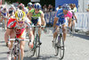 Matej Mugerli of Liquigas (2nd from R) and Gorazd Stangelj of Team Lampre Fondital (R) riding through streets of Novo Mesto, Slovenia during fourth stage of 13th Tour de Slovenie 2006 (13. dirka Po Sloveniji). Stage 4 in lenght of 156km lead cyclists from Grosuplje, Slovenia to Novo mesto, Slovenia.
