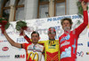 Second placed Mattia Gavazzi of Amore Vita McDonalds (L), winner of the stage Borut Bozic of Perutnina Ptuj (M) and third placed Andrus Aug of Acqua Sapone Cafe Mokamba (R) are celebrating their medals after fourth stage of 13th Tour de Slovenie 2006 (13. dirka Po Sloveniji). Stage 4 in lenght of 156km lead cyclists from Grosuplje, Slovenia to Novo mesto, Slovenia.
