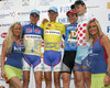 Radler jersey for U23 general classification Robert Kiserlovski of Adria Mobil (2nd from L), yellow jersey for general classification overall win Tomaz Nose of Adria Mobil (3rd from L), blue jersey for points classification Borut Bozic Perutnina Ptuj (3rd from R) and polka dot jersey for best in mountain primes classification Matej Gnezda of Radenska Powerbar (2nd from R) are celebrating their success after fourth stage of 13th Tour de Slovenie 2006 (13. dirka Po Sloveniji). Stage 4 in lenght of 156km lead cyclists from Grosuplje, Slovenia to Novo mesto, Slovenia.
