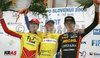 The best in general classification second placed Jure Golcer of Perutnina Ptuj (L), winner Tomaz Nose of Adria Mobil and third placed Przemyslaw Niemec of Miche are celebrating their medals after fourth stage of 13th Tour de Slovenie 2006 (13. dirka Po Sloveniji). Stage 4 in lenght of 156km lead cyclists from Grosuplje, Slovenia to Novo mesto, Slovenia.
