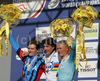 Winer and World Champion Cancellara Fabian of Switzerland (M), second placed Zabriskie David of Usa (L) and third placed Vinokurov Alexandr of Kazakhstan (R) celebrating their medals after Men Elite Time trial race of Road Cycling World Championship in Salzburg, Austria. Elite Men Time trial race was held in Salzburg, Austria on 21. September 2006.
