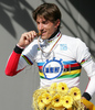 Winner Cancellara Fabian of Switzerland celebrating his medal and World Championship title after Men Elite Time trial race of Road Cycling World Championship in Salzburg, Austria. Elite Men Time trial race was held in Salzburg, Austria on 21. September 2006.
