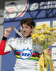 Winner Cancellara Fabian of Switzerland celebrating his medal and World Championship title after Men Elite Time trial race of Road Cycling World Championship in Salzburg, Austria. Elite Men Time trial race was held in Salzburg, Austria on 21. September 2006.
