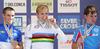 Winner Gerald Ciolek of Germany (M), second placed Romain Feillu of France (L) and third placed Alexander Khatuntsev of Russia are celebrating their medals after Men Under23 road races of Road Cycling World Championship in Salzburg, Austria. Road race of Road Cycling World Championship 2006 was held in Salzburg, Austria on 23. September 2006.
