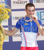 Second placed Romain Feillu of France is celebrating his silver medal after Men Under23 road races of Road Cycling World Championship in Salzburg, Austria. Road race of Road Cycling World Championship 2006 was held in Salzburg, Austria on 23. September 2006.
