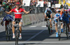Gerald Ciolek of Germany (M) outsprinting Romain Feillu of France (L) and Alexander Khatuntsev of Russia (R) in finish of Men Under23 road races of Road Cycling World Championship in Salzburg, Austria. Road race of Road Cycling World Championship 2006 was held in Salzburg, Austria on 23. September 2006.
