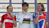 Winner and new World Champion Marianne Vos of Netherlands (M), second placed Trixi Worrack of Germany (L) and third placed Nicole Cooke of Great Britain (R) are celebrating their medals after Women Elite road races of Road Cycling World Championship in Salzburg, Austria. Women Elite road race of Road Cycling World Championship 2006 was held in Salzburg, Austria on 23. September 2006.
