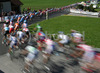 Peloton is speeding by during Men Elite road races of Road Cycling World Championship in Salzburg, Austria. Men Elite road race was final race of Road Cycling World Championship 2006 and was held in Salzburg, Austria on 24. September 2006.
