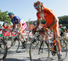 Bram De Groot of Netherlands (R) and Thomas Voeckler of France (L) are climbing to Elixhausen when riding in lead group during Men Elite road races of Road Cycling World Championship in Salzburg, Austria. Men Elite road race was final race of Road Cycling World Championship 2006 and was held in Salzburg, Austria on 24. September 2006.
